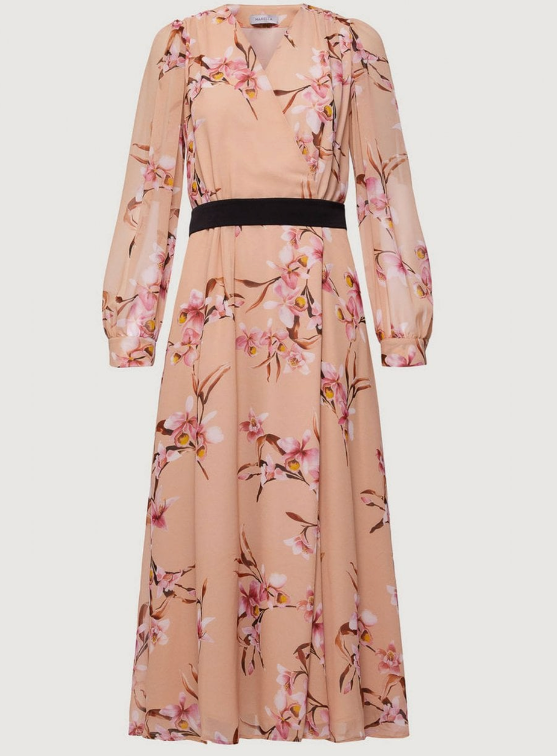 Abito midi in georgette color pesca con scollo a V