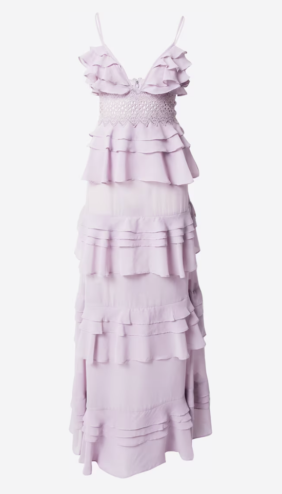 Abito da sera color sambuco con volant e décolleté profondo