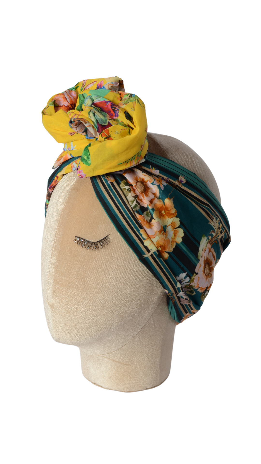 Fascia modellabile per capelli in cotone giallo a fiori e verde doubleface