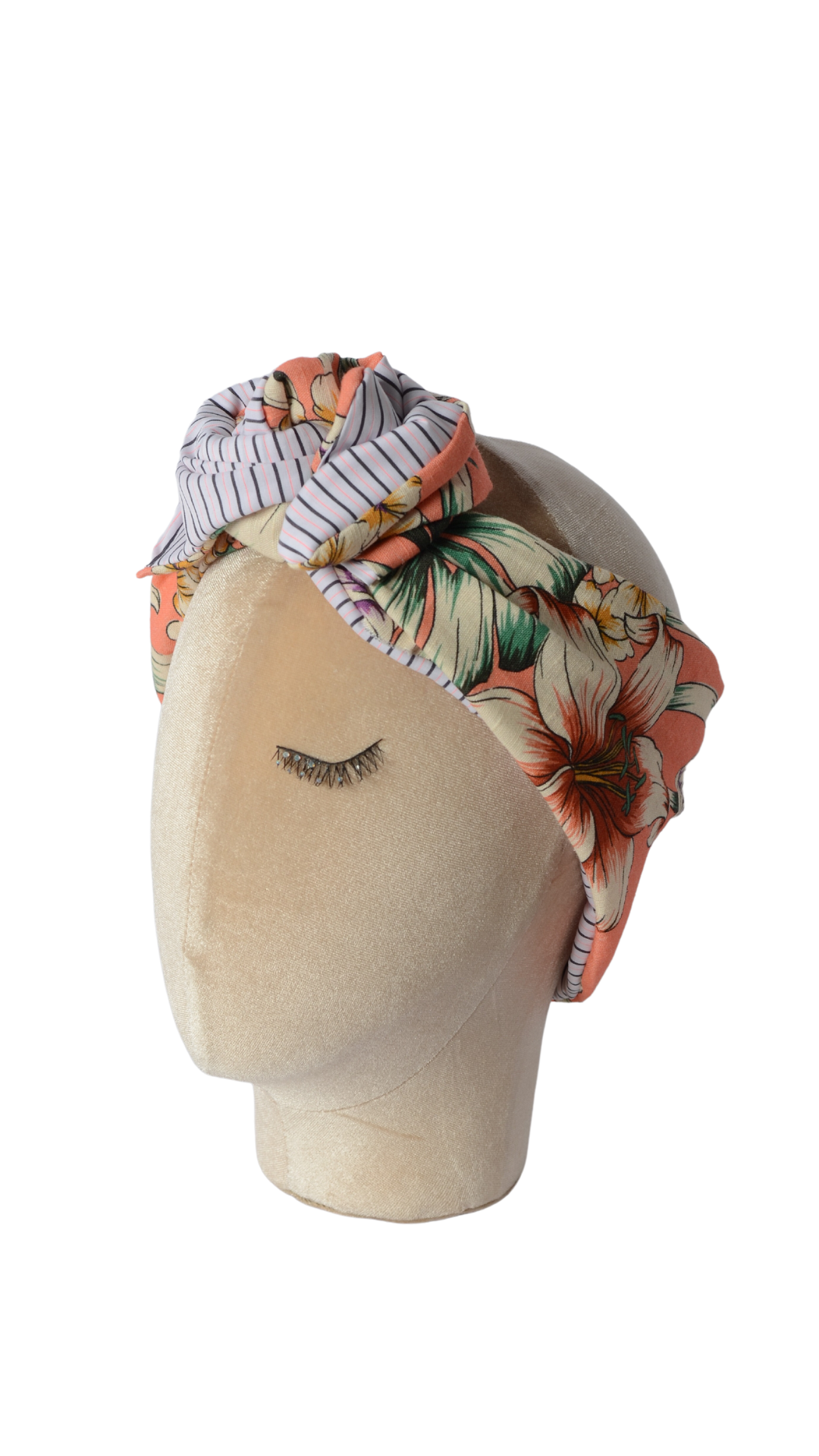 Fascia modellabile per capelli in cotone  a righe e lino salmone a fiori doubleface