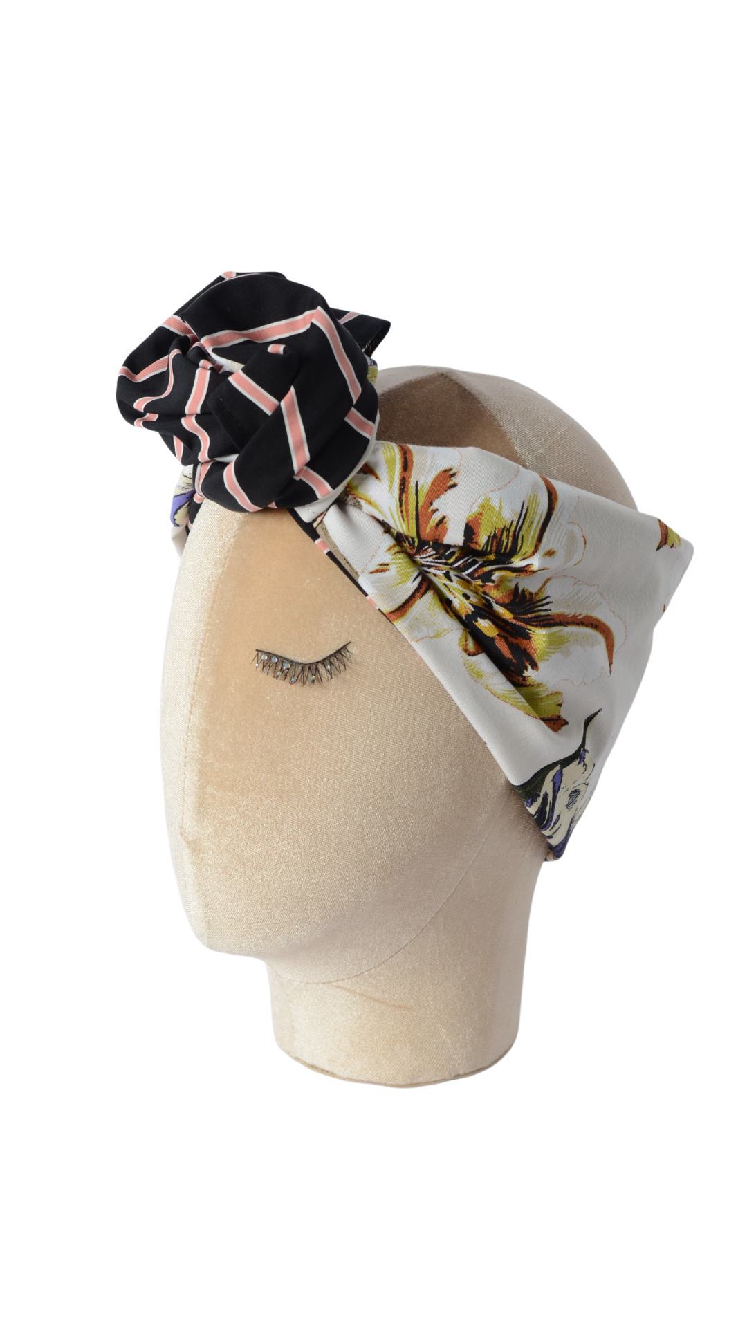 Fascia modellabile per capelli in cotone bianca a fiori e nera a righe