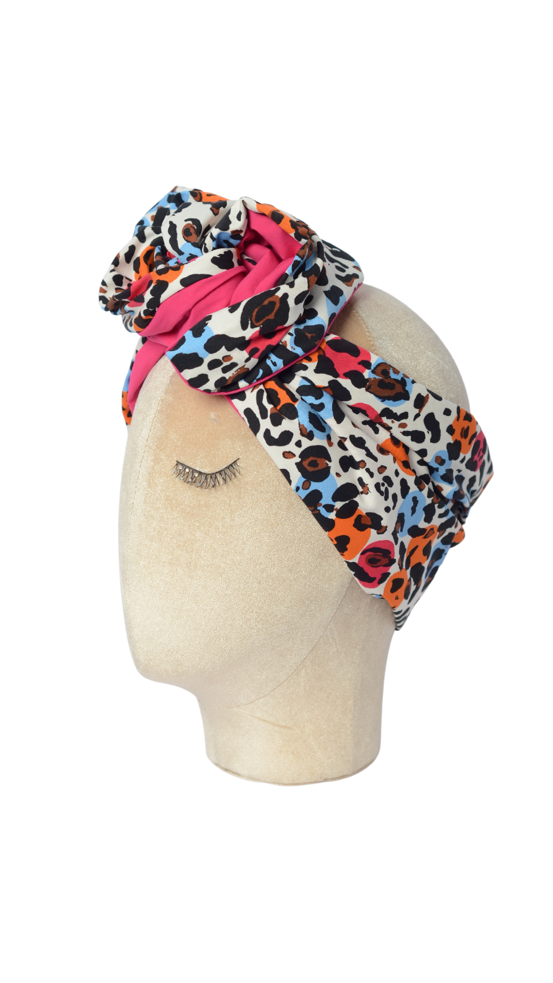 Fascia modellabile per capelli in cotone fuxia e macchie multicolor - doubleface