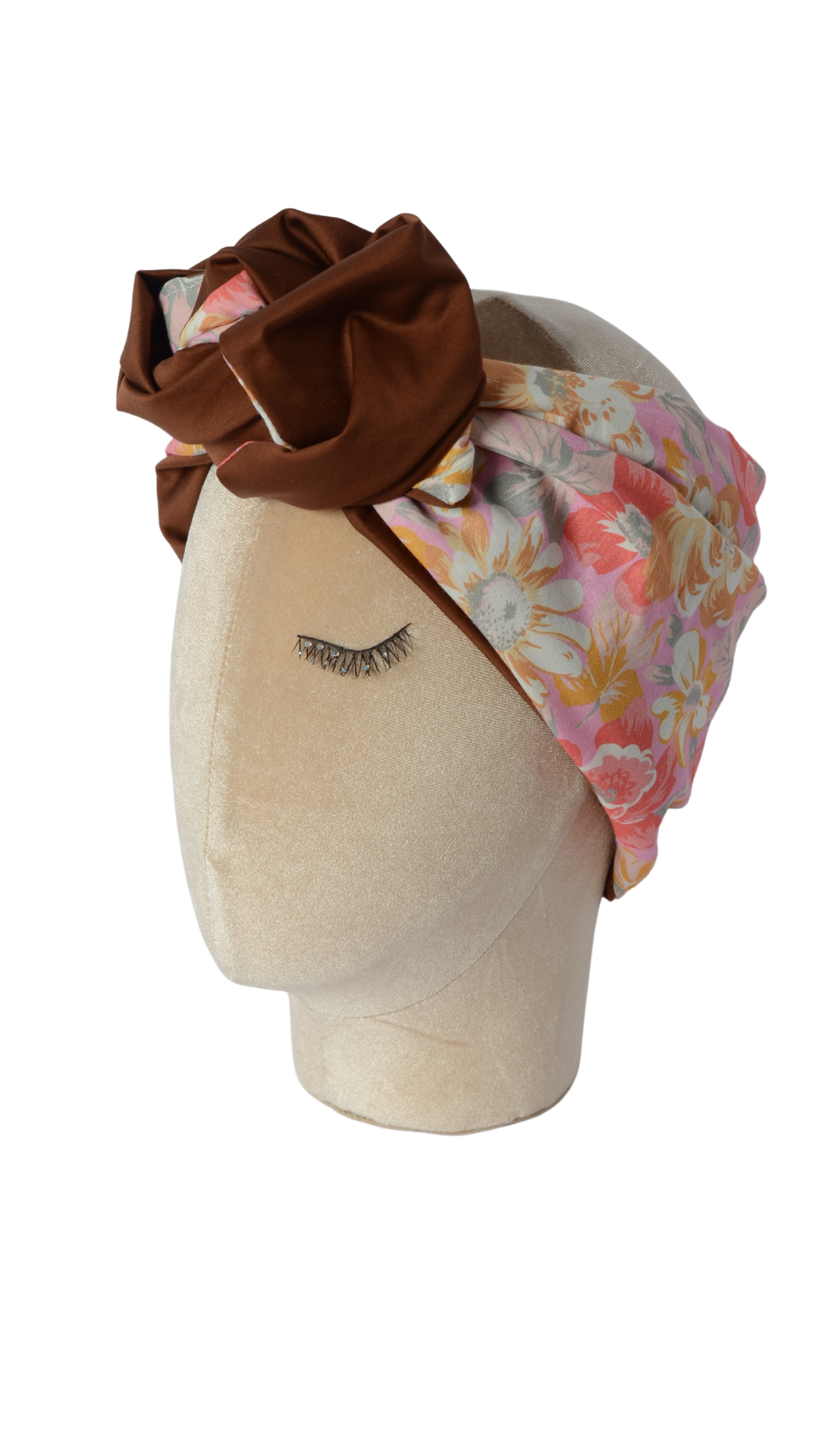 Fascia modellabile per capelli in cotone rosa a fiori e marrone doubleface