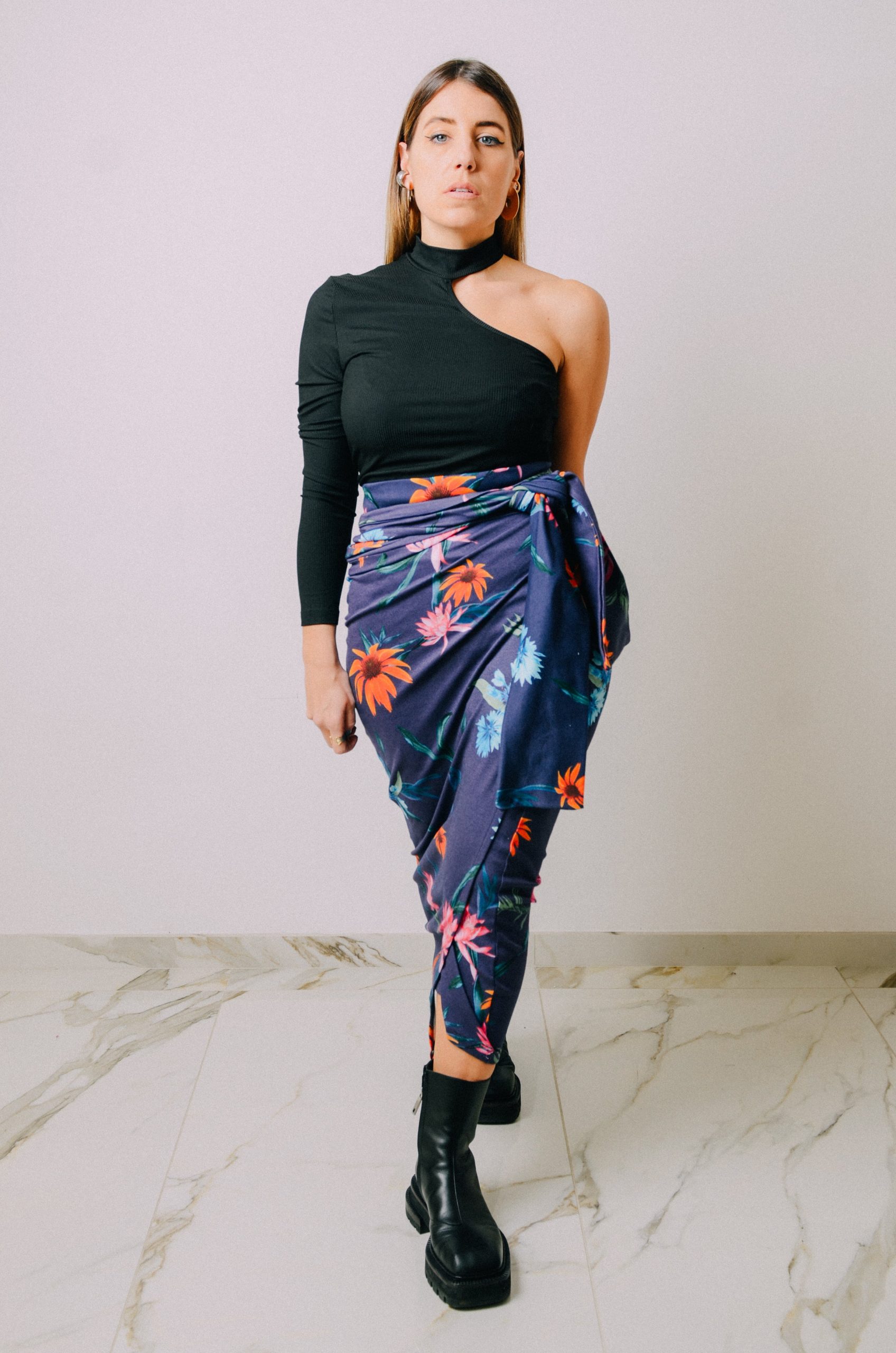 Gonna pareo sartoriale in cotone elasticizzato a fiori - taglia unica