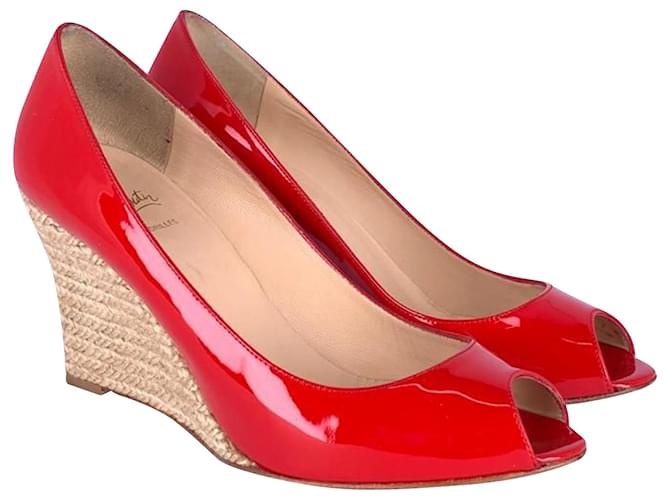 Christian Louboutin Puglia Peep Toe Rope Wedge 85 in vernice rossa Rosso