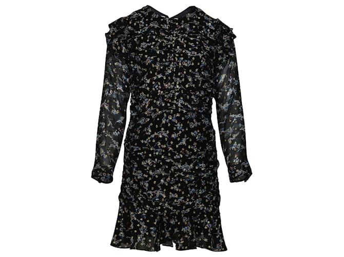 Abito Veronica Beard Parc a fiori con balze in seta stampata nera Nero
