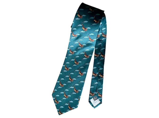 Autre Marque cravatta in seta stampata Elyo fondo verde con motivi uccelli - Novità Marrone Giallo Verde scuro