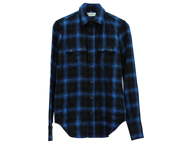 Camicia a maniche lunghe con stampa check Saint Laurent in cotone blu Blu navy