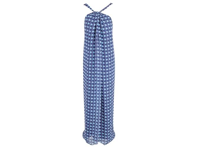 Abito lungo Diane Von Furstenberg Lilita con scollo all'americana in seta blu