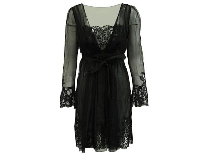 Alberta Ferretti Abito in Pizzo Trasparente in Seta Nera Nero