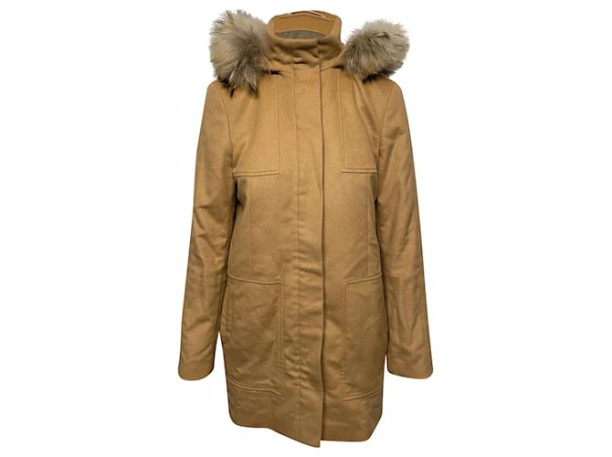 Hugo Boss Cappotto Boss con Cappuccio bordato di Pelliccia in Lana Cammello Giallo