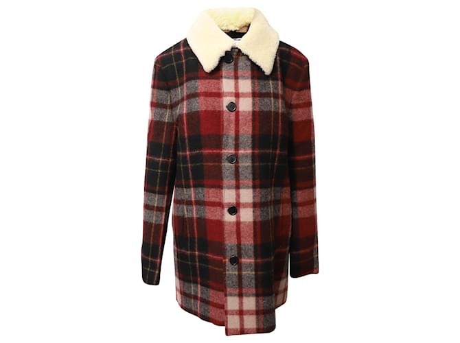 Cappotto Saint Laurent a quadri con rifiniture in shearling in lana rossa