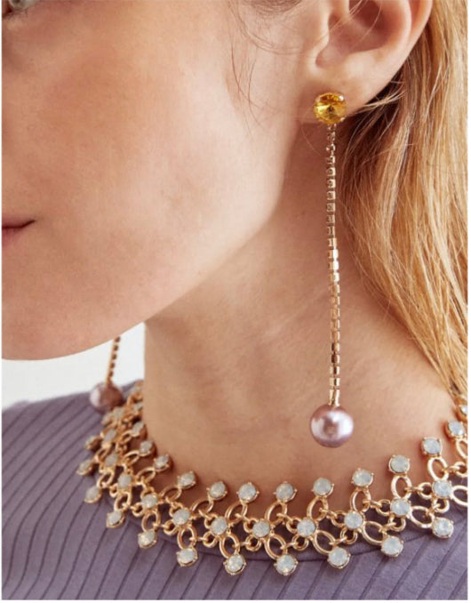 ORECCHINI LUNGHI ORO CON CRISTALLI E PERLA