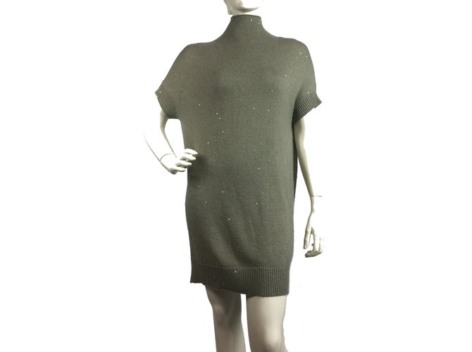 Brunello Cucinelli Abito di cachemire con paillettes Cachi