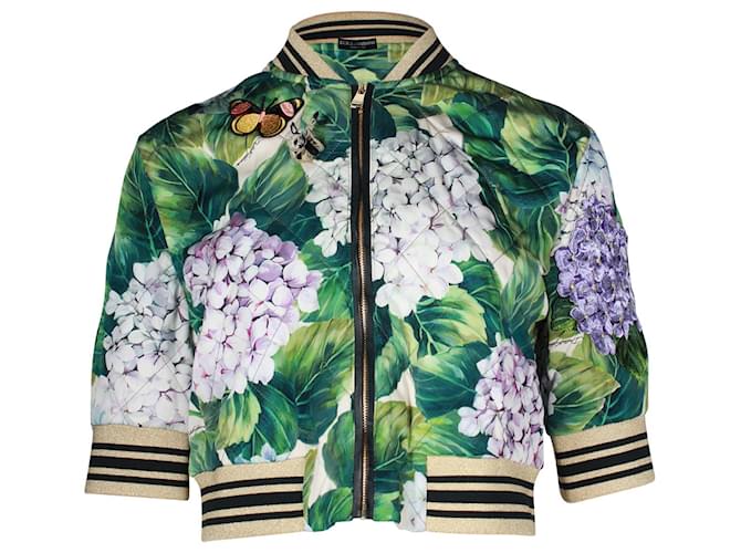 Bomber Dolce & Gabbana Stampa Ortensie in Seta Verde