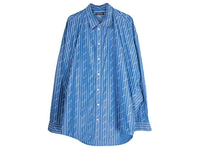 Camicia Button Down con logo a righe Balenciaga in cotone azzurro Blu Blu chiaro