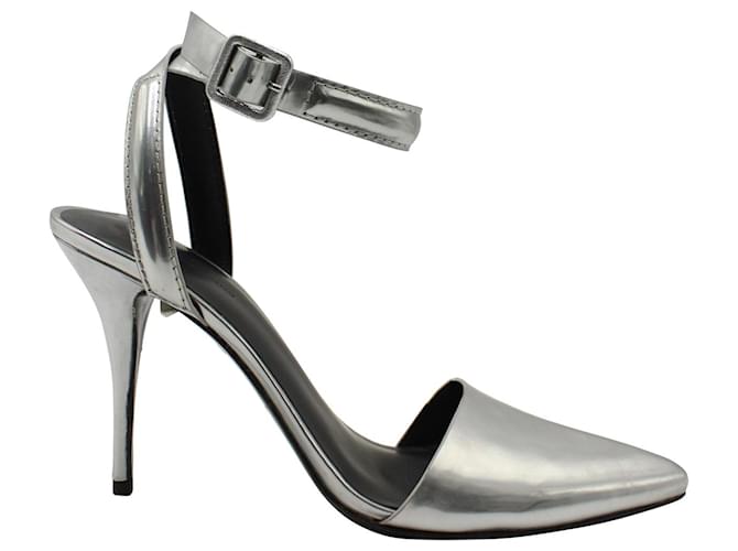 Alexander Wang Décolleté Metallici con Cinturino alla Caviglia in Pelle Verniciata Argento Metallico