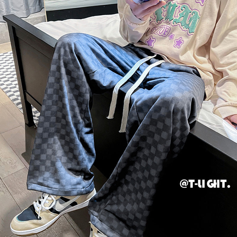 Pantaloni sportivi sport pants loose straight casual effetto scacchiera in stile Hong Kong