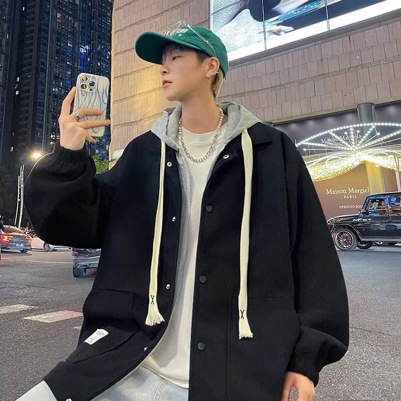 Giaccone con finta felpa con cappuccio casual loose fit in stile coreano