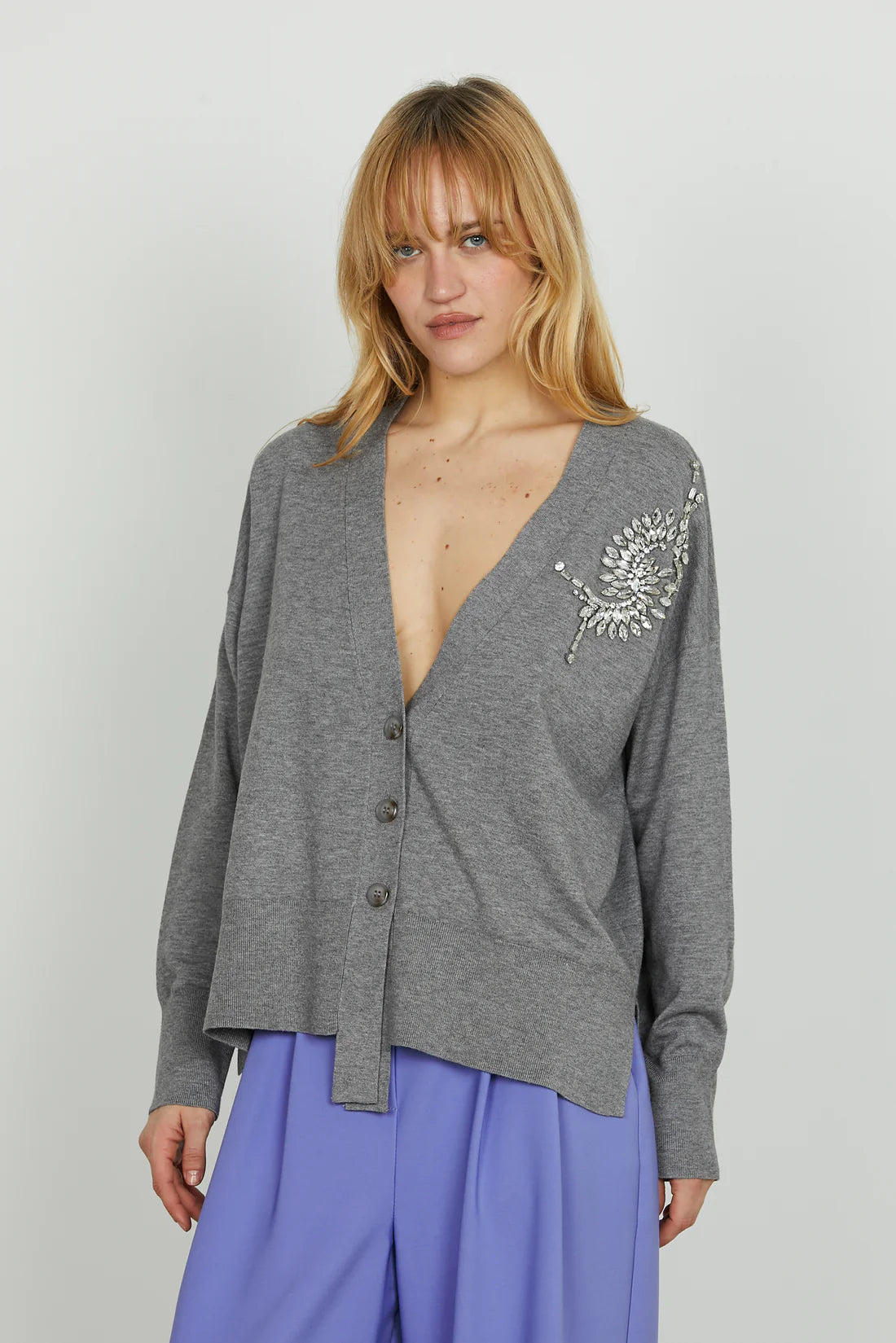 Cardigan VENETICO manica lunga over f.do asimmetrico con applicazione pietre RELISH