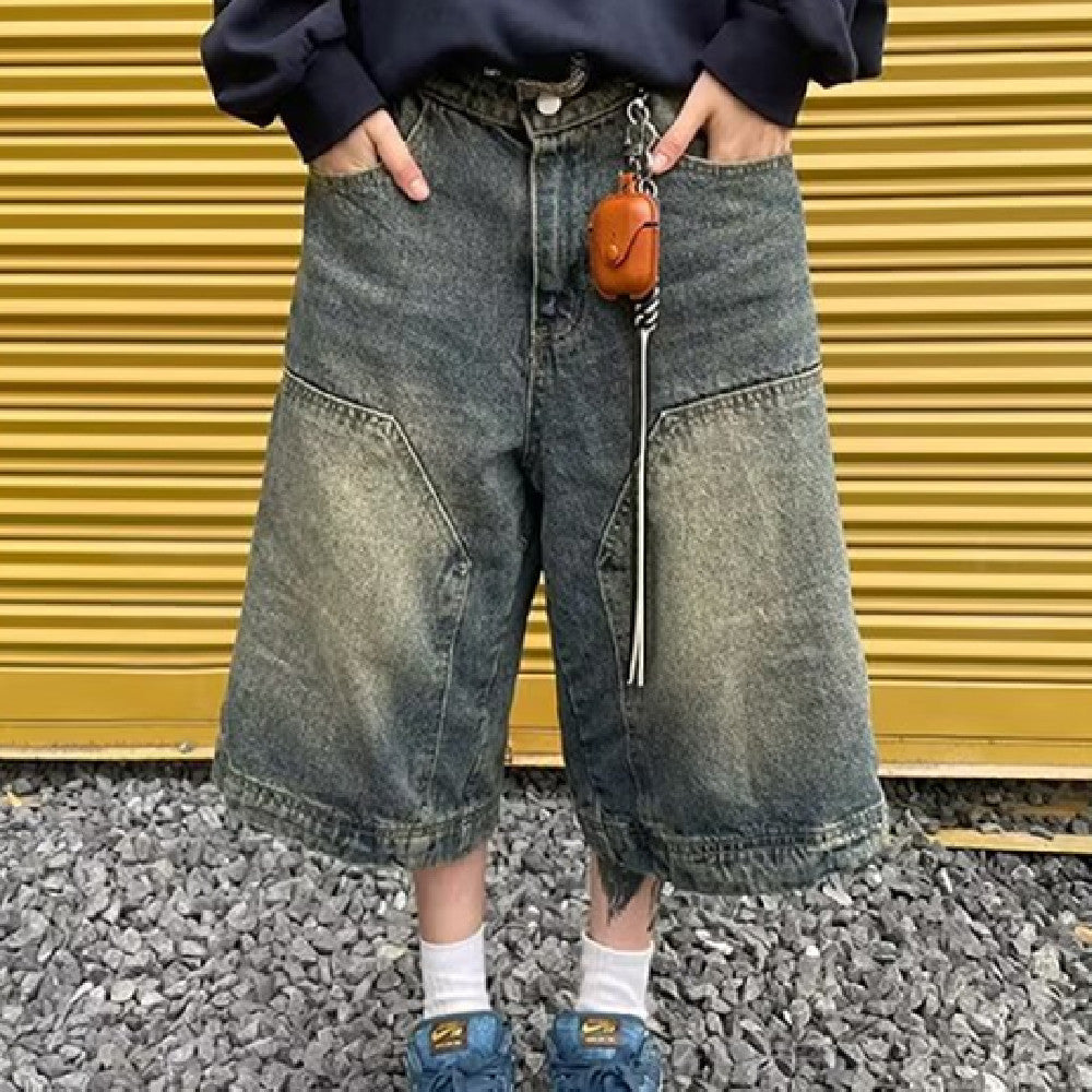 Pantaloni bermuda ultra wide legs denim effetto lavato in stile vintage da donna e uomo