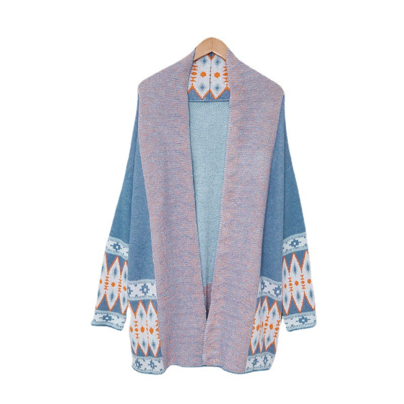 Cappotto maglione pattern azteco media lunghezza da donna