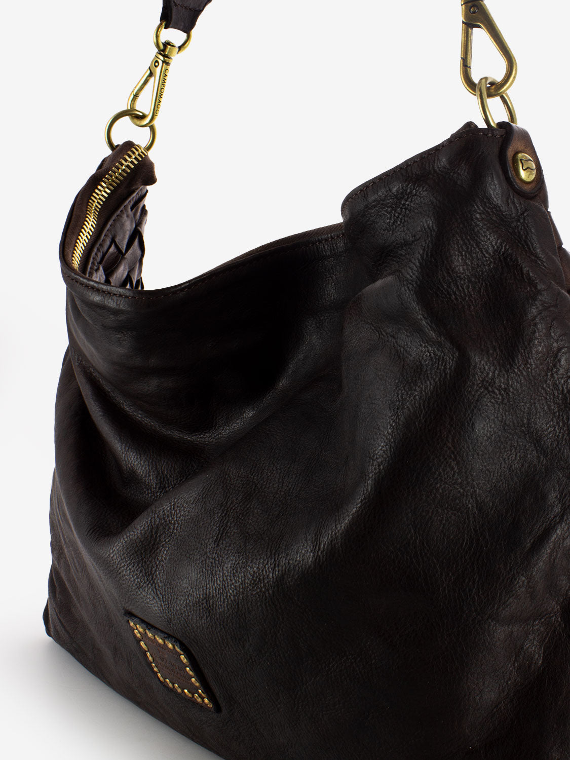 Borsa monospalla in pelle intrecciata moro