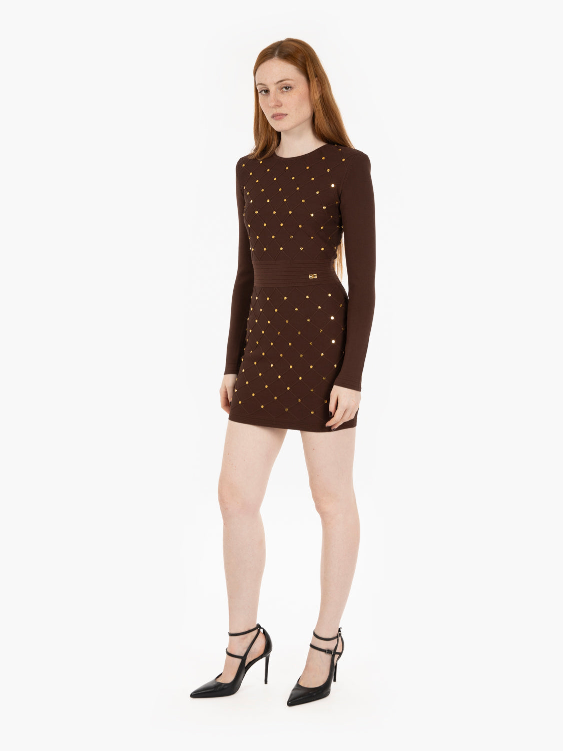 Mini abito in maglia con dettagli gioiello marrone