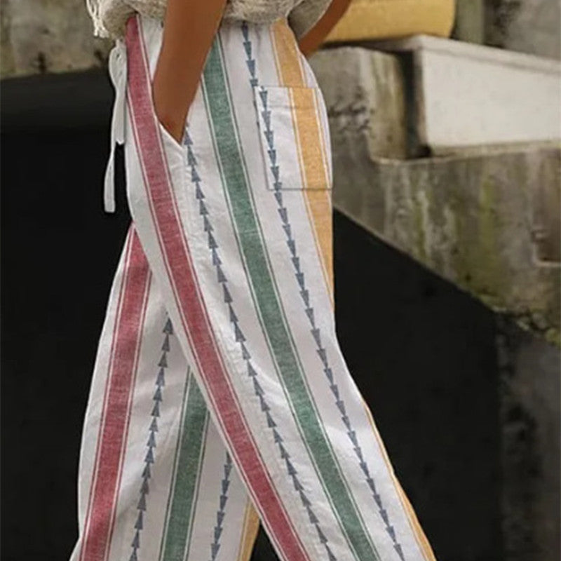 Pantaloni casual comodi in lino stampa geometrica a righe unisex