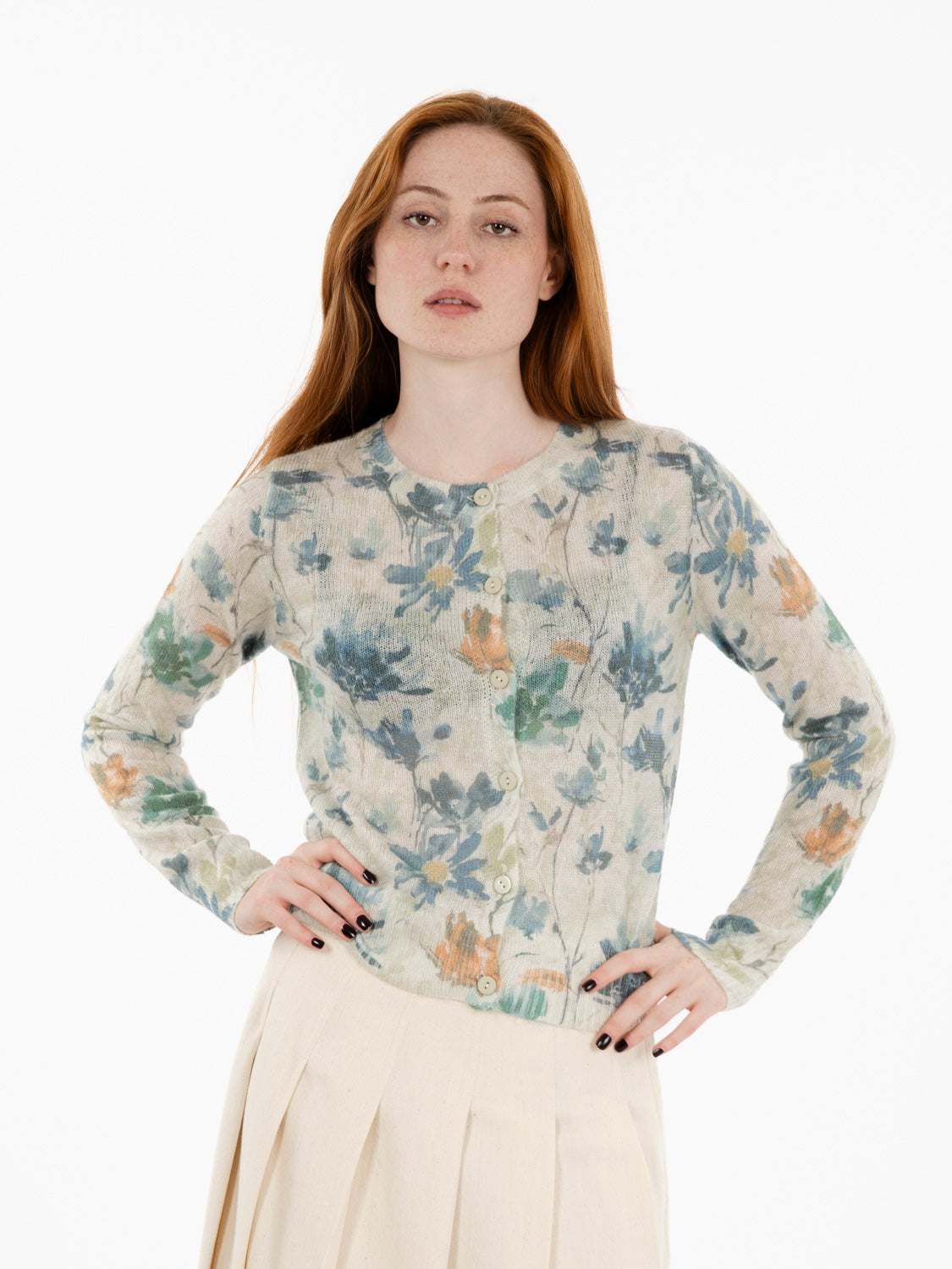 Cardigan con stampa a fiori cachi