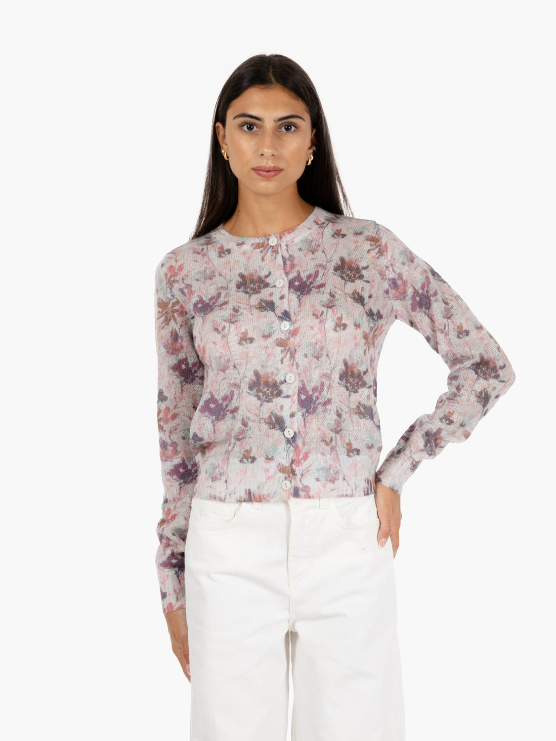 Cardigan con stampa a fiori rosa antico