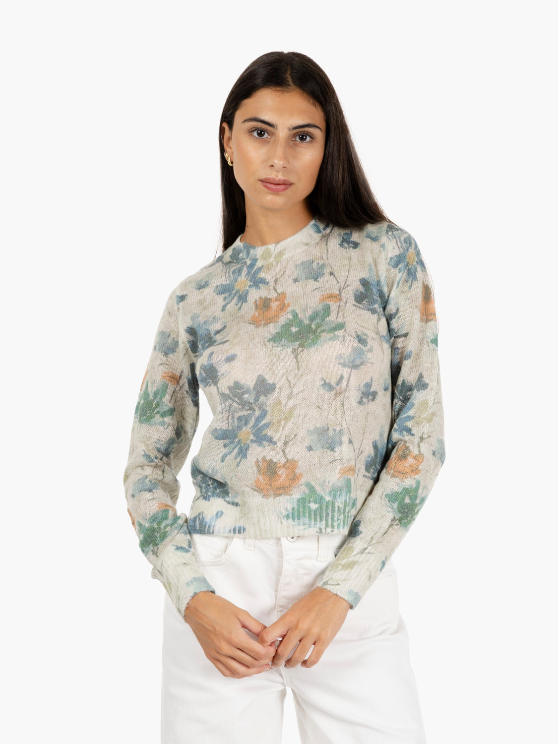 Maglione girocollo fantasia fiori cachi