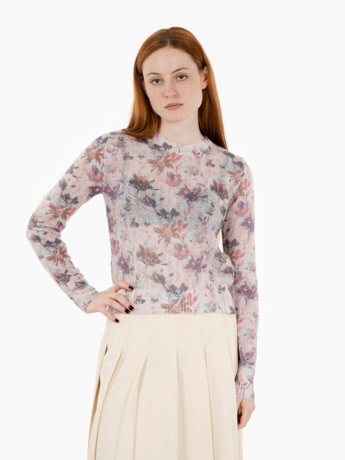 Maglione girocollo fantasia fiori rosa antico