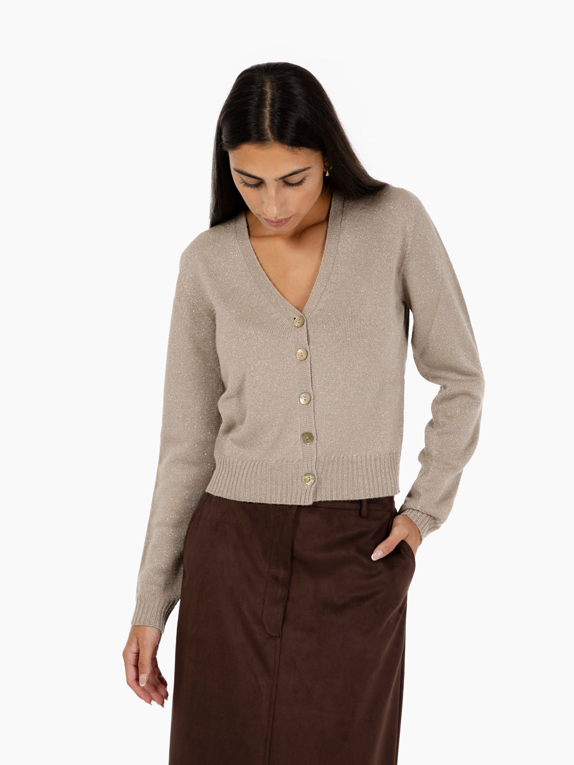 Cardigan in lurex scollo a V beige
