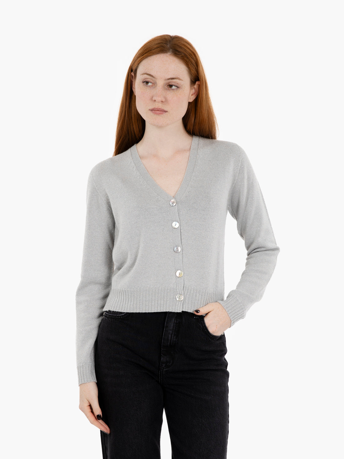 Cardigan in lurex scollo a V ghiaccio