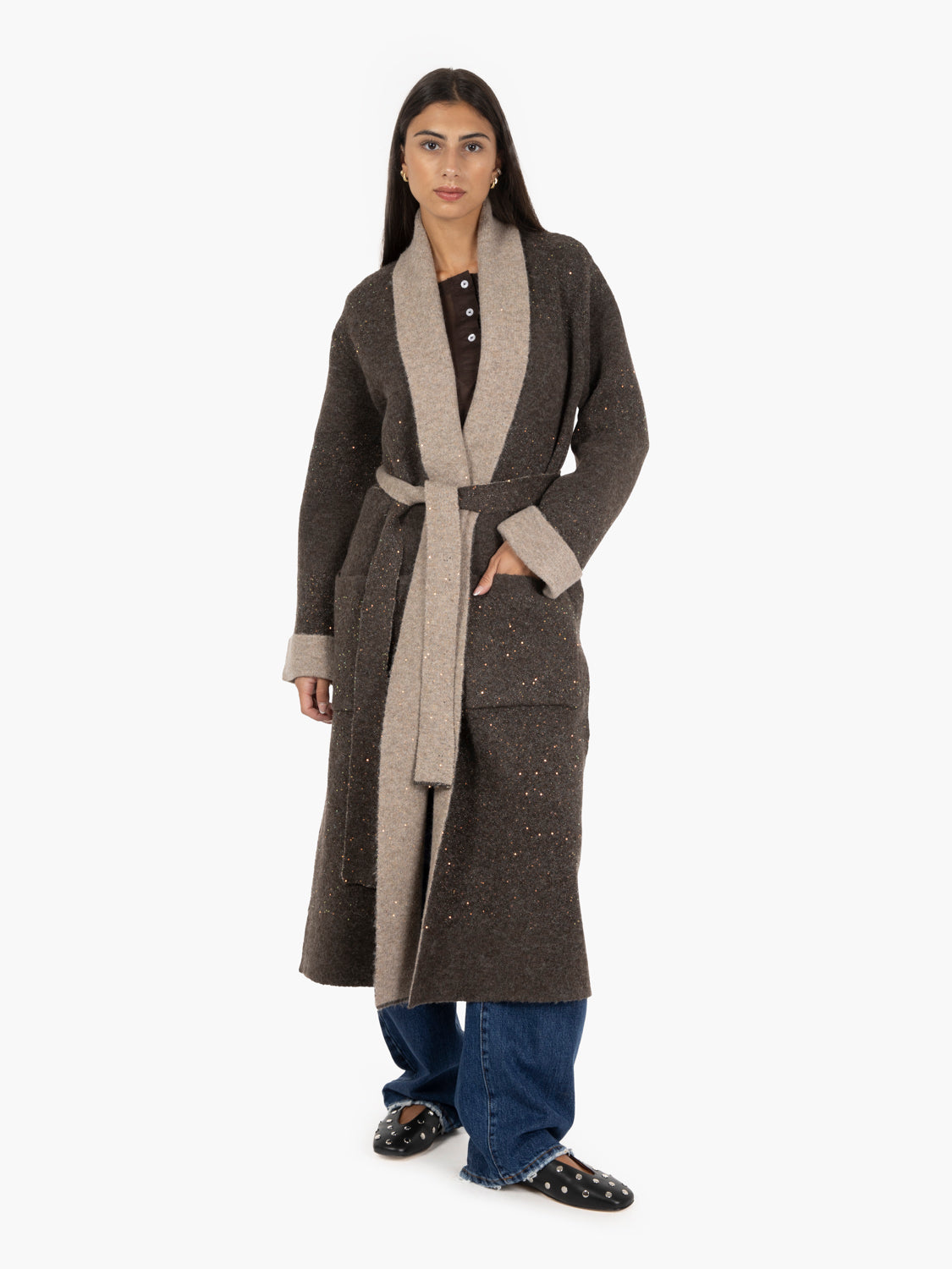 Cappotto in maglia con paillettes moro / beige